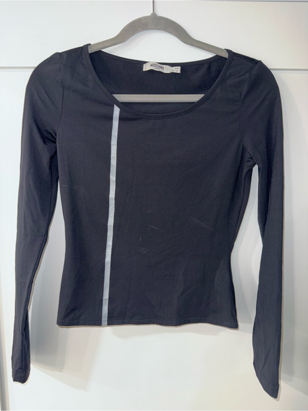 Moschino Black Long-Sleeve Scoop Neck Tee with Vertical Light Stripe